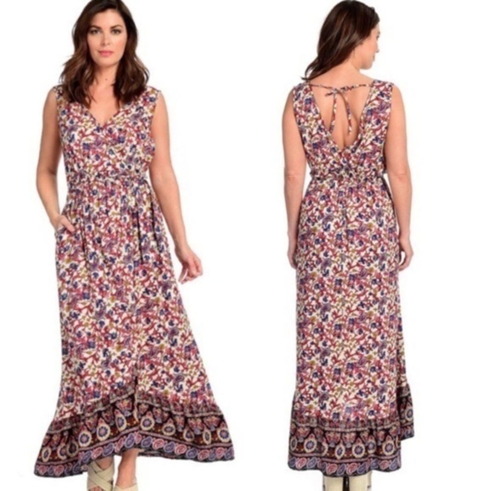 Band of Gypsies Surplice Neck Faux Wrap Multicolor Floral Maxi Dress Size Small